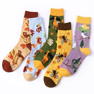 Five pairs of animal pattern cotton socks featuring dogs and owls in various colors
