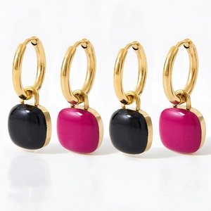 Gold plated stainless steel square hoop earrings with black and hot pink enamel drops