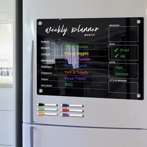 Detail of magnetic black acrylic weekly planner on fridge with six colorful markers