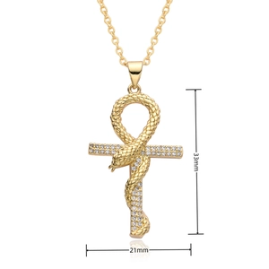 Detailed view of gold Ankh cross and snake pendant with dimensions 33mm by 21mm