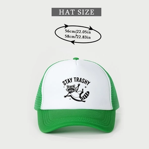 Detail view of Stay Trashy raccoon trucker hat with adjustable 56-58cm head circumference