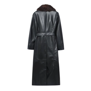Women's long black PU leather jacket with detachable brown fur collar and belt back view