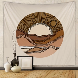 Detailed texture of bohemian sun and mountain wall tapestry in warm earth tones