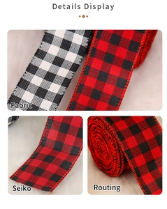 Macro detail of red and black plaid decorative ribbon with premium stitched edges