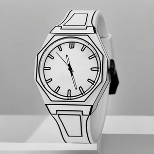 Detailed view of the 2D artistic octagonal quartz watch with black and white sketch design