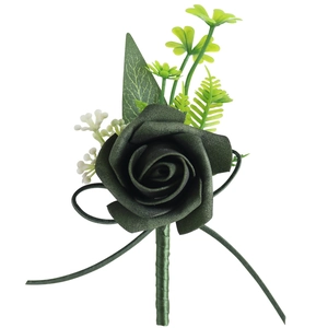 Deep green artificial PE rose boutonniere with green leaves and white berry accents