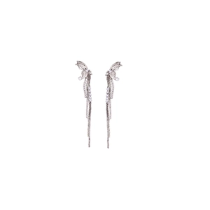 Elegant silver butterfly tassel ear clips with zircon tassels in long drop design