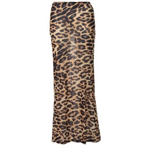 Close-up of leopard print mesh fabric detail showing high-waist long skirt texture