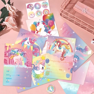 Detailed set of unicorn party invitations with envelopes and stickers for kids birthdays
