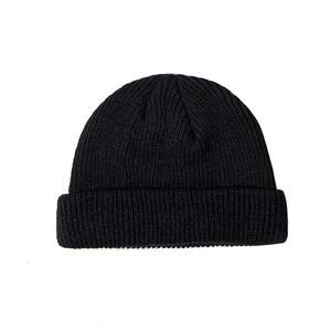 Classic black knitted beanie with cuffed brim for men, minimalist streetwear style on white background