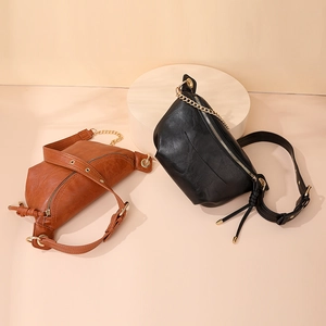Fashionable PU leather crossbody chest bags in brown and black with gold chains