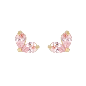 Close-up of pink pear-cut zircon stud earrings with 18K gold-plated prong settings