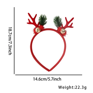 Detail view of red reindeer headband with pine needles and dimensions 18.7cm by 14.6cm