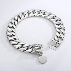 Heavy silver 316L stainless steel Cuban chain dog collar with custom engraved buckle