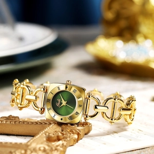 Vintage gold square watch with green round dial and unique metal chain strap for women