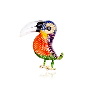 Exquisite toucan bird brooch featuring colorful enamel feathers and sparkling rhinestones