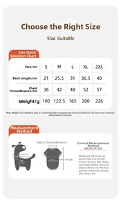 Tableau des tailles pour vêtements de chien avec mesures du dos et de la poitrine en cm