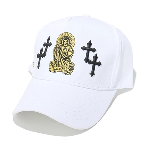 White baseball cap featuring premium San Judas Tadeo gold and black religious embroidery