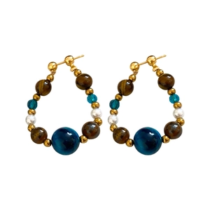 Bohemian tiger eye and pearl teardrop earrings in gold finish for women