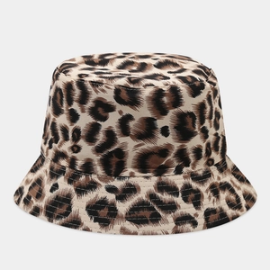 Detail view of leopard print bucket hat showing fabric texture and reinforced brim stitching