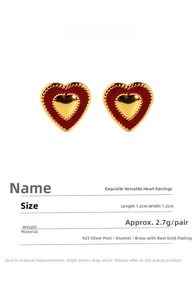 Detailed specs of heart stud earrings showing 1.2x1.2cm size and 925 silver needle material