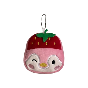 Cute pink penguin plush keychain with a red strawberry hat and metallic bead chain