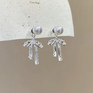 Bowknot Artificial Pearl Drop Earrings Alloy Hollow Lace Pendant With 925 Sterling Silver Earring Post For Women Elegant Jewelry