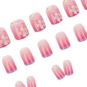 Pink gradient press-on nails set with delicate daisy patterns and French tips