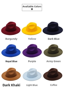 Grid display of wide brim wool fedora hats in nine vibrant colors for fashion styling