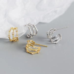 Elegant s925 silver three-layer bamboo earrings with zircons in gold and silver finish