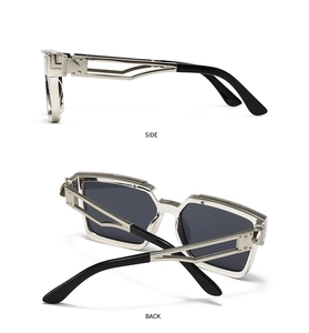 Side and back view of silver metal sunglasses with hollow temples and gray lenses