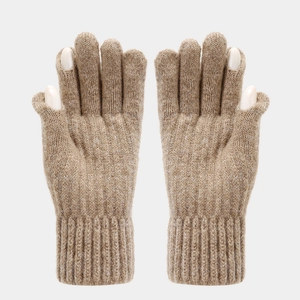 Detail of khaki knit touchscreen gloves with fold-over fingertips and ribbed cuffs