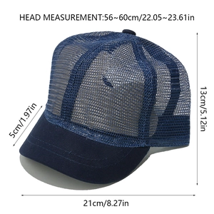 Detail view of breathable navy mesh trucker hat showing dimensions and side profile