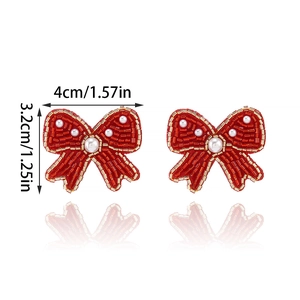 Detailed view of red and white beaded bow earrings with precise dimension measurements