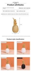Size guide for resin pineapple ornaments in gold, white, and black finishes