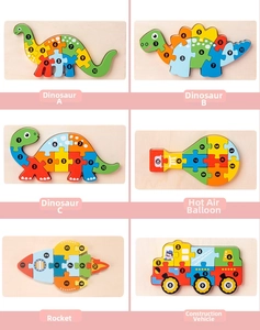 Detail of wooden 3D puzzle showing vibrant numbered blocks for animal and vehicle shapes