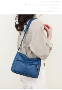 Detail of blue soft leather crossbody bag with multiple zippers and woven texture
