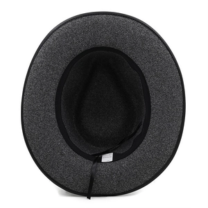 Dark grey felt fedora hat interior featuring adjustable sweatband and polyester texture