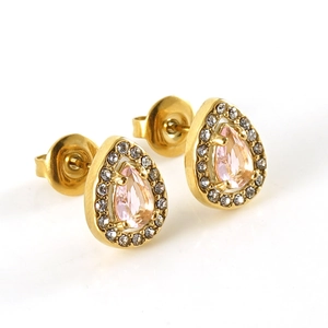 18K gold plated stainless steel teardrop stud earrings with pink zircon and halo stones