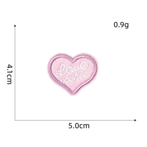 Detailed view showing dimensions and weight of a pink heart Love Cookie embroidery patch