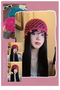 Detailed view of handmade hollow knit beanie with decorative round beads in vibrant colors