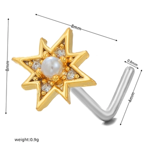 Detailed macro view of an 8mm star nose stud with pearl and zircon inlay dimensions