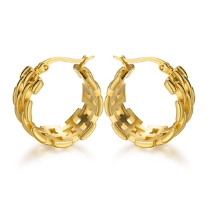 Elegant gold hoop earrings with distinctive woven texture and hollow chain design
