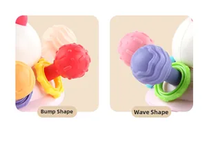 Detail showing sensory baby ball with tactile dots and wavy textures for teething
