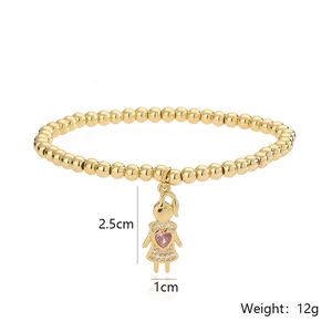 Gold beaded bracelet featuring a girl pendant with pink heart zircon and pave crystals