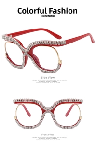 Detailed views of red oversized glasses frames featuring sparkling rhinestones and gold metal accents
