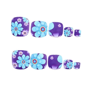 Dark purple floral press-on toenails with daisy patterns in a matte finish