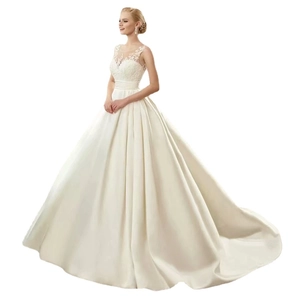 Elegant white lace round neck wedding dress with satin A-line floor-length train