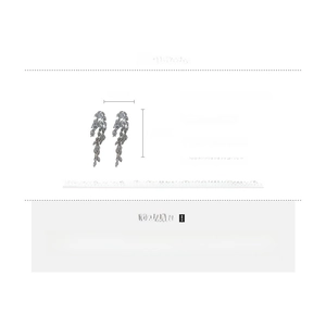 Detailed view of silver feather tassel earrings with rhinestone inlay and size dimensions