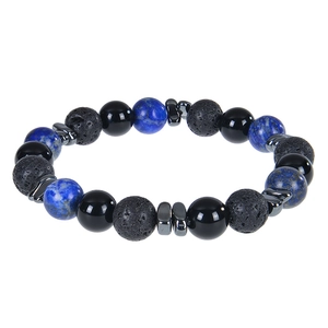 Detailed view of beaded bracelet with blue lapis lazuli and black volcanic lava stone
